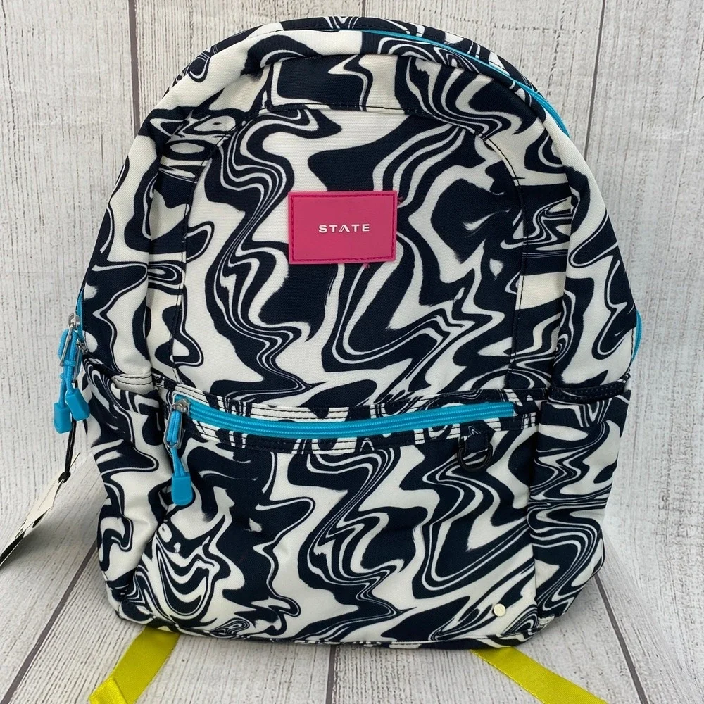 STATE Kane Kids Backpack Large Black White Marbled Wave Colorful Double Pocket